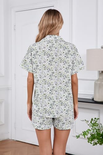 Image of LUBOT 100% Cotton Pajamas for Women 2 Piece PJ Set Poplin Woven Lightweight Ladies Button Short Sleeve Sleepwear S-XXL