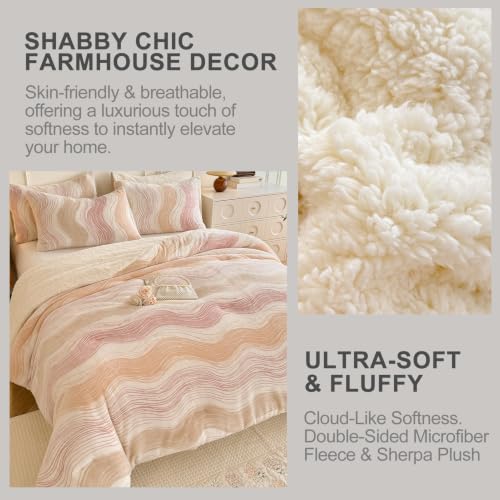 Image of Tufted Fleece Comforter Set Queen- Super Soft Warm Fluffy Shaggy Bedding Sets, Wavy Lines Jacquard Bed Set for Winter, 1 Sherpa Comforter with 2 Pillow Cases (90 inchX90 inch Pink Wavy)