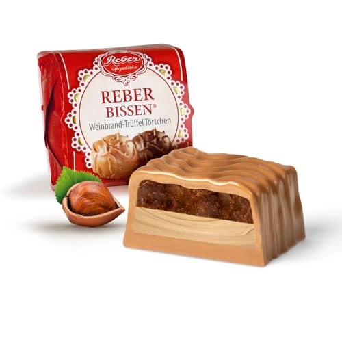 Reber -Mordeduras, pastel de trufa, chocolate con leche alpina, alcohol, crema de trufa, sultanina de brandy, turrón de nuez, 1 x 43 g – nueva fórmula