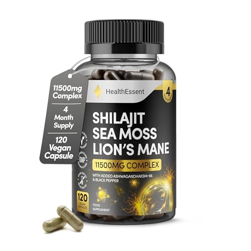 Shilajit Seamoss and Lions Mane Capsules 11500mg 3-in-1 Brain & Focus Supplement with Ashwagandha & Black Pepper High Strength Lions Mane Shilajit Blend for Energy & Immunity 120 Vegan Capsules