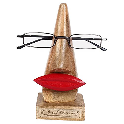 Image of Craftland Wood Nose Red Lips Shaped Eyeglass Holder Stand, 2.3 x 2.3 x 6 Inches, Brown