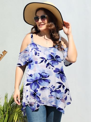 Image of LARACE Cold Shoulder Tops for Womens Summer Clothes Spaghetti Strape Tunic Oversized Shirts Asymmetrical Plus Size Blouse