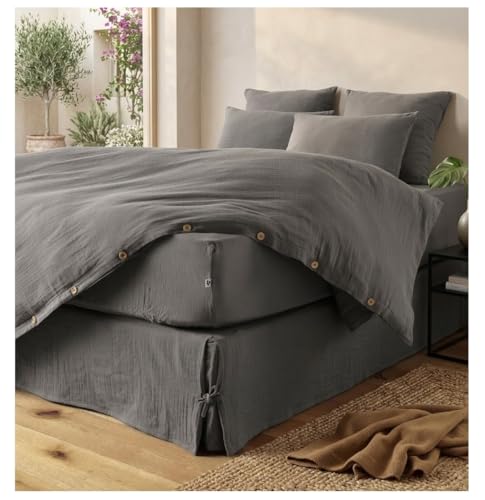 Cache sommier gaze de coton 180 x 200 cm Gaia Granit gris anthracite