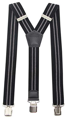 Timiot Premium Men's Y-Back Suspenders Stretch Perfect 1.5' Width for Work Style Formal Strong Heavy Duty Clips (Black-Grey Stripe)
