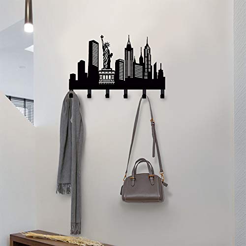 Coat Rack Wall Mount With 6 Hooks,New York City View Black Metal Key Holder,Wall Hooks For Hanging,Decorative Coat Hooks For Towel,Clothes,Purse,Hat,Entryway,Bathroom,Kitchen,Mudroom,Home,Bedroom #TOP4