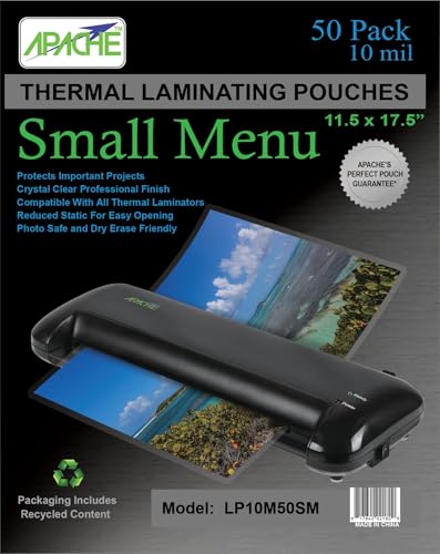 Apache 50 Pack Laminating Pouches 10 mil, Holds 11 x 17 Inch Menu Size (11.5 x 17.5 Inch Sheets), Office and School Supplies, Thermal Laminating Sheets, Super Clear, Round Corner