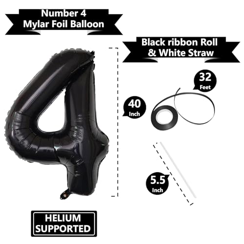 Image of Number Balloons Black Party Balloon - Giant Number 4 Balloon, 40 Inch Large Balloon for Birthday Decorations, Black Party Supplies for Men Women