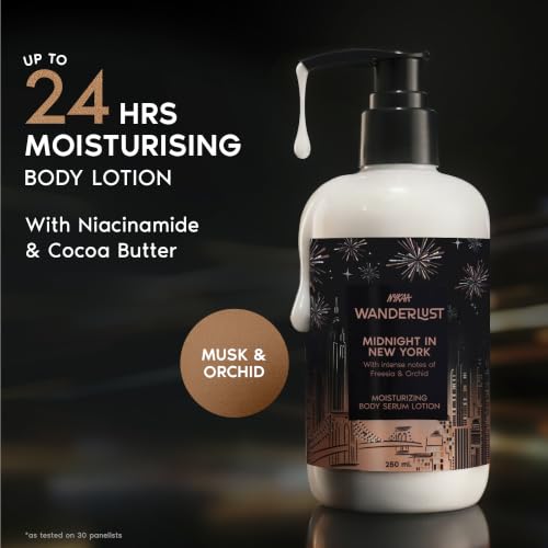 Image of Nykaa Wanderlust Midnight in New York Moisturising Body Lotion, 250 ml |Orchid & Musk | Lightweight, Long-Lasting Moisturisation| Vegan, Paraben-Free I Suitable for All Skin Types