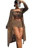 WDIRARA Women's 3 Pieces Bikini Set Geo Print Bathing Suit Drawstring Swimsuit with Cover Ups Kimono Brown Boho X-Large