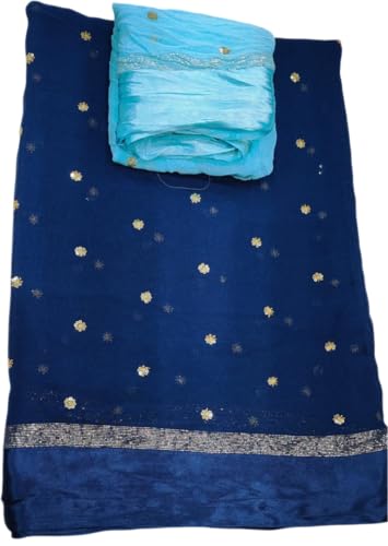 Image of Pure Georgette Sequence Work Saree with Contrast Blouse, Satan Patta Fabric
