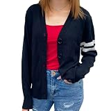Hip Hop 50's Shop Women's V Neck Knit Varsity Cardigan Sweater Letterman Lightweight (Large, Black)
