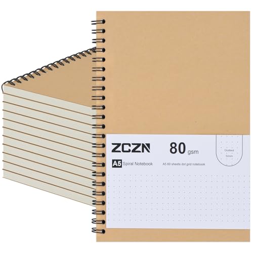 ZCZN Cuaderno A5 Punteado 12 Pack Libretas A5 Puntos Cuadernos Espiral de Kraft 60 hojas/120 Páginas para Viajar Dibujo Diario Escribir Listas de Tareas