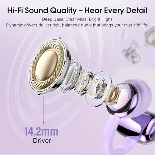 Image of Open Ear Earbuds Wireless Clip on Headphones Bluetooth 5.4 Ear Buds with DNN Noise Cancelling, 48H Playtime, Low Latency, Fashion Design, Secure Fit, Clear Sound for Music & Calls (Purple)