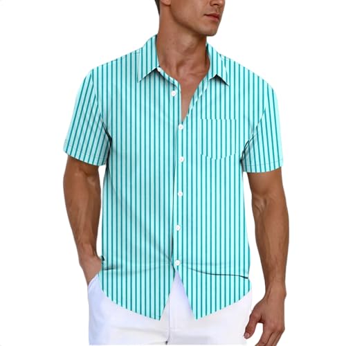 Image of Short Sleeved Shirts for Men Adult, Mens Summer Shirts UK Sale Clearance Striped Printed Regular Fit Casual Shirt Button Down Turn-Down Collar Tops Holiday Beach Shirt with Pocket Light Blue