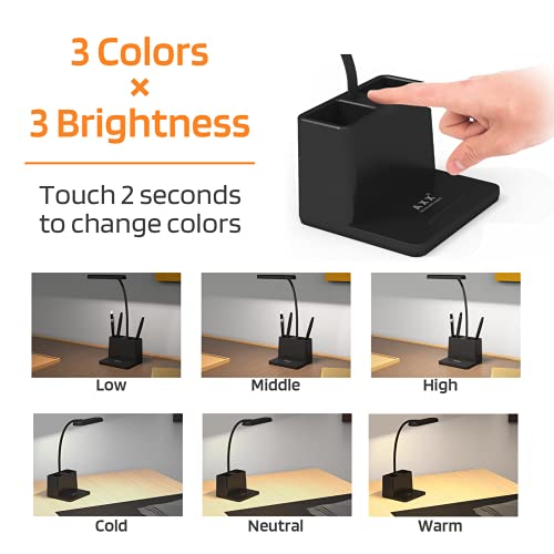 Axx Led Desk Lamp For Home Office, Battery Operated Desk Light For Computer/Desktop - Black, Small, Cute, 3 Way, Rechargeable, Flexible Gooseneck, Pen Holder - Study Table Lamp For Bedroom Reading #TOP2