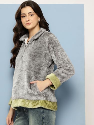 Image of Aarika Womens Winter Wear White-Pink Colour Solid Fur Sweat Shirt