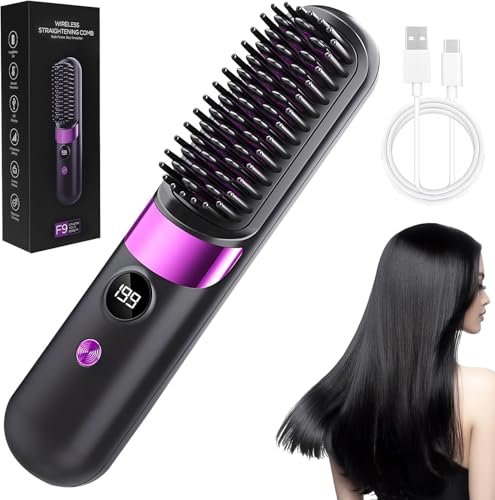 Go Brush Pro Brosse à lisser sans fil pour cheveux courts, peigne chaud en céramique, 4 réglages de chaleur et écran LED, brosses à lisser chauffantes...