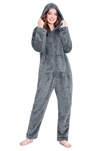 CityComfort Jumpsuit Damen Kuschelig Fleece Einteiler Schlafanzug Onesie Damen S-XL (Grau, M)