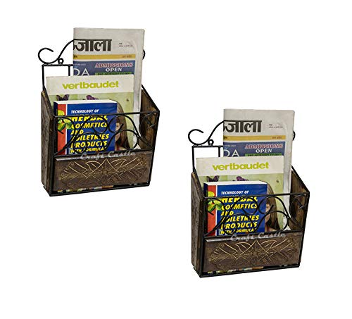 Image of Wood & Wrought Iron Modern Elegance Magazine Newspaper & Book Wall Rack for Home & Office, Black & Natural Finish, 38x28x11 cm (Magazine Rack Pack of 2)