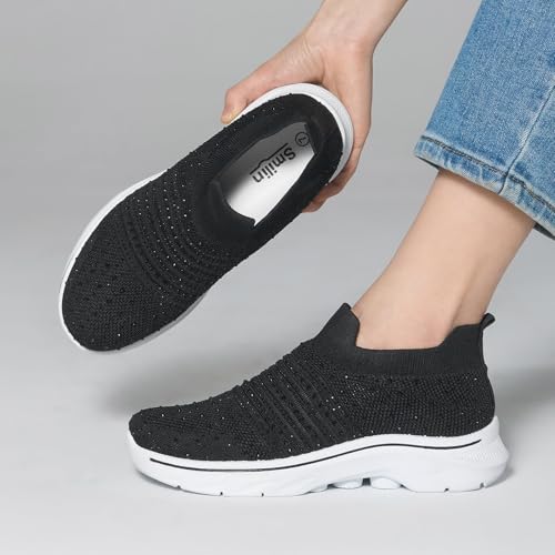 SMILIN Women's Rhinestone Sneakers, Comfortable Bling Sparkly Glitter Tennis Shoes, Breathable Mesh Slip On Walking Shoes for Women3
