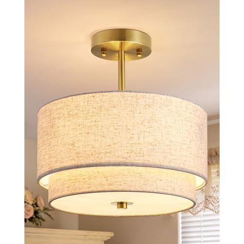 EDISHINE 12.6Inch Semi Flush Mount Ceiling Light, 3-Light Close to Ceiling Light Fixtures with Double Drum Linen Fabric Shade, Modern Mount Lamp for Bedroom Hallway Dining Room, Brushed Gold
