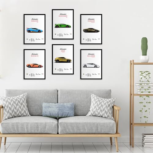 Image of CodersParadise Lamborghini Wall Poster Frames - Pack Of 6 | 8 x 12cm (A4 Size) | Aesthetic Artwork Framed Posters | Framed Posters For Living Room, Bedroom, Home And Office