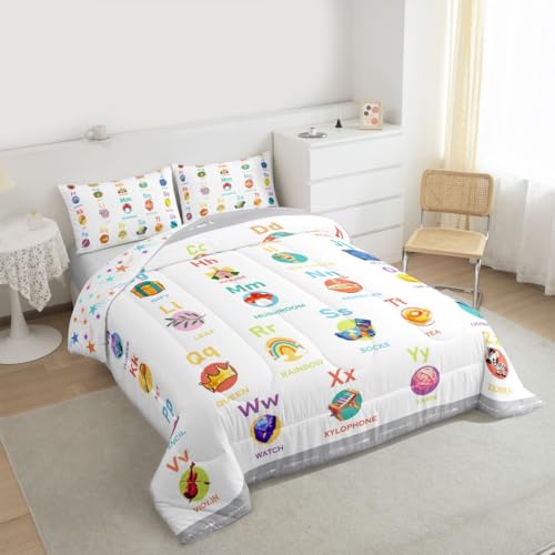 Image of Feelyou ABC Alphabet Bedding Set King Size, Cartoon Alphabet Comforter Numbers Alphabet Comforter Set Kids Toddler Educational Learning Duvet Set Microfiber Bed Set