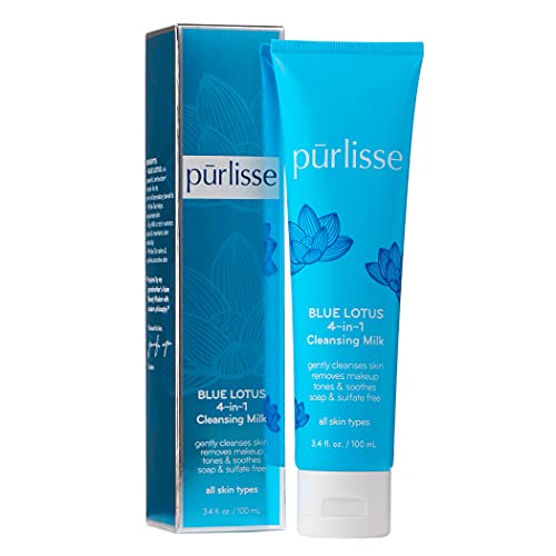 purlisse Blue Lotus 4-in-1 Cleansing Milk - Facial Cleanser, Makeup Remover, Toner and Face Moisturizer for All Skin Types, 3.4 Ounce