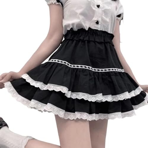 Pokn Women Harajuku Lolita Fashion Kawaii Goth Clothes Elastic High Waist A-Line Vintage Lace Layered Short Skirt