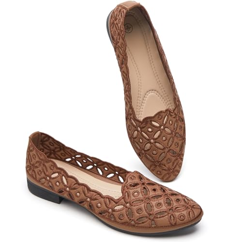 BABUDOG Womens Flats,Black and White Dress Flats with Flower Eyelets,Breathable Ballet Flats