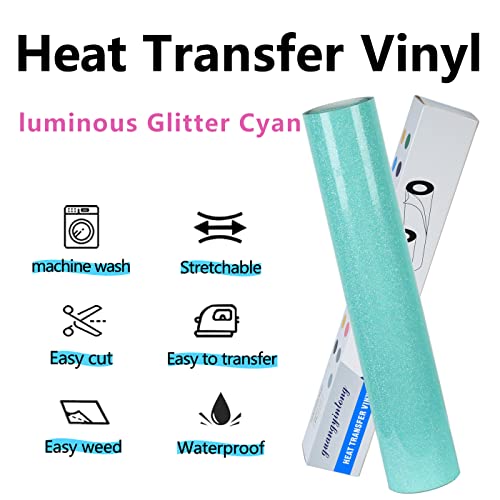 Image of guangyintong Glow Glitter Cyan Heat Transfer Vinyl HTV Rolls, 12 inch x 8ft Iron on Vinyl for T-Shirts, Glitter HTV Vinyl for All Cutter Machines Easy to Cut & Weed for DIY Design