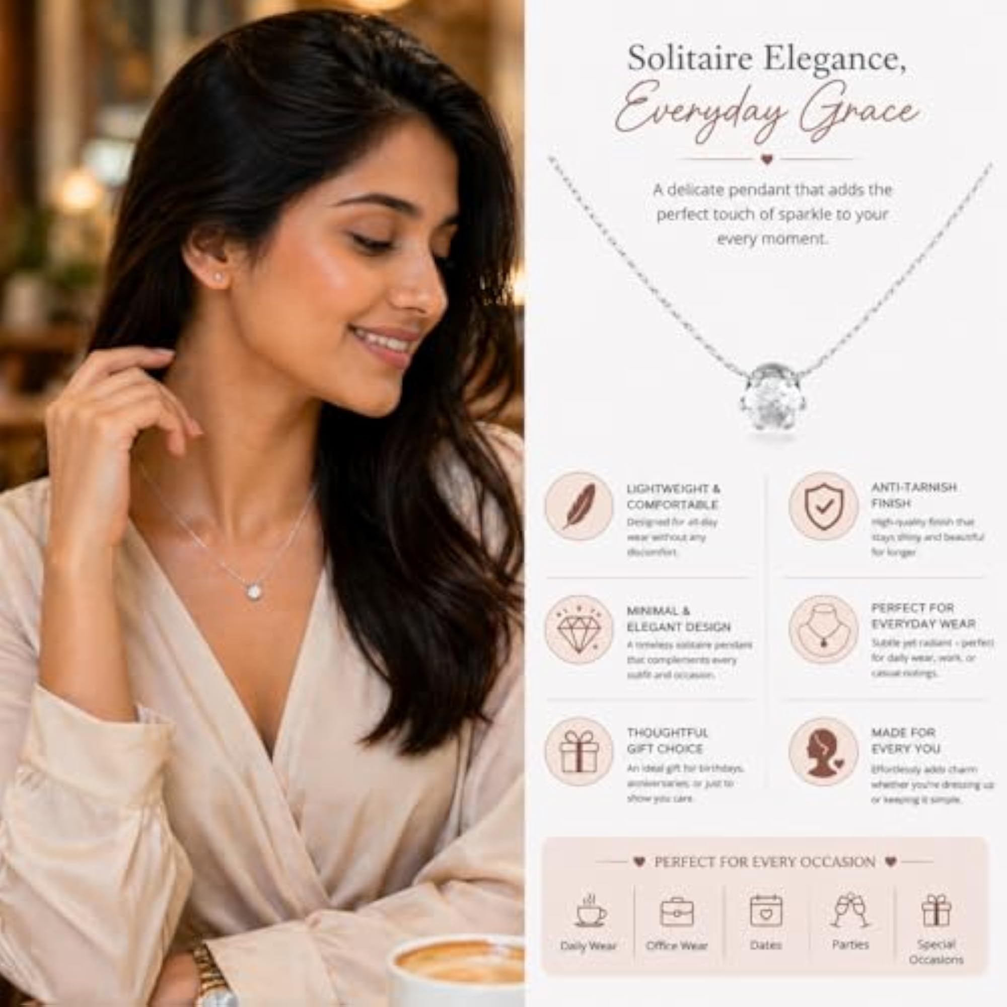 Women's Anti-Tarnish Solitaire Crystal Pendant Necklace, Lightweight