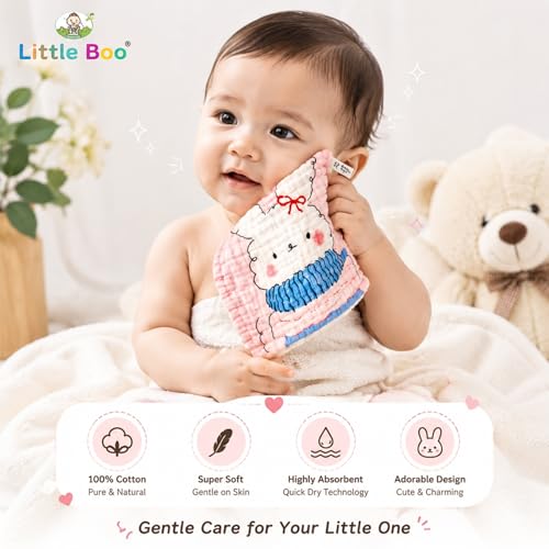 Image of Little Boo Muslin 6 Layer Organic Cotton Face Towel for Newborn Baby, Baby Bath Towel Wipes Extra Soft Hankies Handkerchief for Kids, Reusable Napkins for Toddlers Kids (Pack of 5) -Digital Print