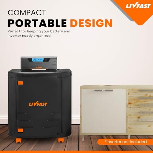 Image of Livfast Convertible Inverter Battery Trolley for Single Battery with Protective Cover | Ideal for Home Inverter & Battery with 150 kg Load Capacity, Support Upto 2 Batteries - Black Orange