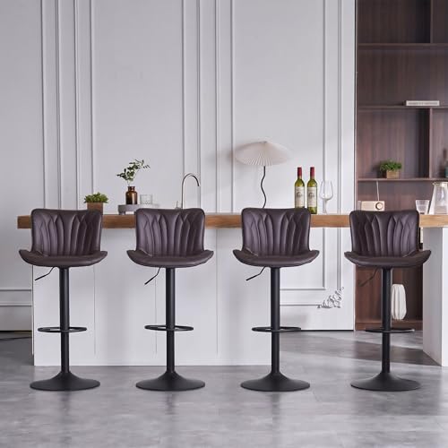 Image of Bar Stools Set of 4 Modern Kitchen Counter Chairs Swivel Barstools Brown | Faux leather upholstered island chairs with backs & metal base. Adjustable Height, easy to clean & load 300 lbs