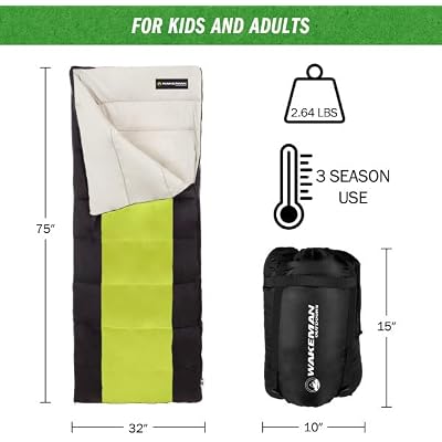 Sleeping Bag - 3 Season Warm and Cool Weather Sleeping Bags for Adults, Teens, and Kids - Lightweight Compact Spring Summer Fall Camping Sleeping Bag - Camping Essentials by Wakeman
