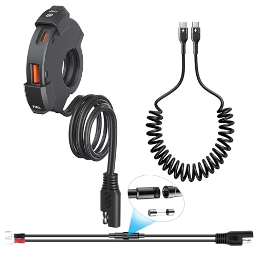 Hoembpn Cargador USB Moto Impermeable 18W QC3.0 USB y 30W PD Type-C,DC12V-24V Toma de Carga Type-C Motocicleta Adaptador de Carga Rápida con 5A USB-C Cable de Carga en Espiral
