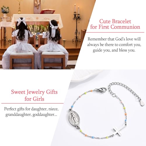 Image of Cross Beaded Bracelet for Girls - First Communion Gifts Catholic Religious Christian Jewelry 1st Holy Communion Decorations for Goddaughter