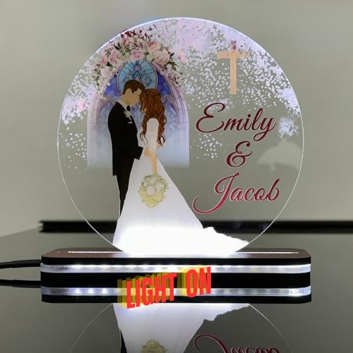 Image of Personalized Christian Wedding LED Acrylic Lamp - Custom Couple Name Bridal Gift with Cross - Elegant Church-Themed Light for Marriage, Anniversary, or Reception Decor