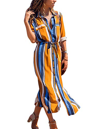 Yesgirl Mujer Vestidos Largos Casual Camiseros Manga Larga Botón Lateral De Hendidura Vestido De Fiesta Casual Playa Largos Verano Tie Dye Vestido Cintura Ceñida para Mujer Y Naranja 44 Cover