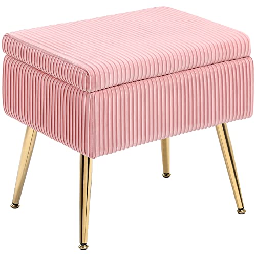 Furniliving Vanity Stool with Storage, Rectangle Vanity Footrest Stool,Velvet Upholstered Vanity Chair, Vanity Bench with Metal Legs, Makeup Stool with Pleated Design, for Bedroom, Pink Furniliving Vanity Stool with Storage, Rectangle Vanity Footrest Stool,Velvet Upholstered Vanity Chair, Vanity Bench with Metal Legs, Makeup Stool with Pleated Design, for Bedroom, Pink