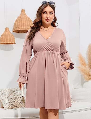 Image of ShopWonder Plus Size Dress Women's V Neck A-Line Knee Length Wrap Swing Dresses Plus Size A Line Party Mini Dress