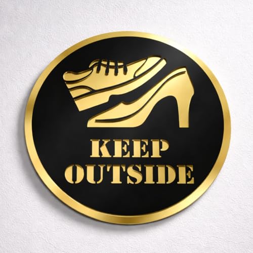Image of Keep Outside Round Acrylic Signage Sticker - Self-Adhesive Instruction Sign for Office, Storefront, Business & Shop - Premium Black Gold Label for Glass & Smooth Surfaces