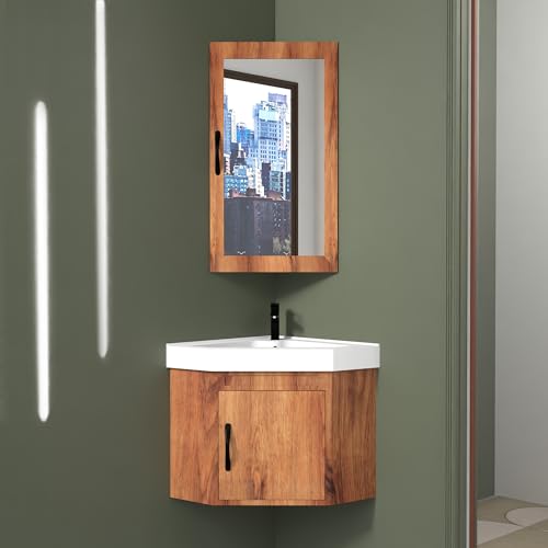 WASSMIST Unbreakable Bathroom Vanity Cabinet with Sink and Mirror | Space-Saving Vanity | Compact Bathroom Cabinet with Storage (Brown)