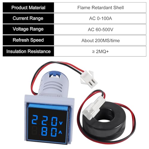 Image of 2PCS 60-500V 0-100A AC Digital Ammeter Voltmeter, 22mm Square Digital Tube Screen with Transformer, LED Display Voltage Detector Current Tester Gauge(Blue)