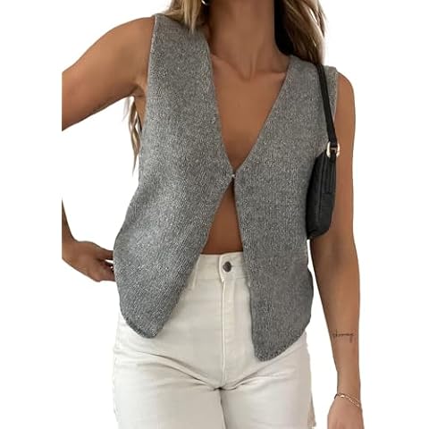 Womens Vintage Knittd Tank Y2k Vest Crop Top Sleeveless V-Neck Open Front Button Crochet Knit Vests Tops Streetwear (A-Gray, S) Cover