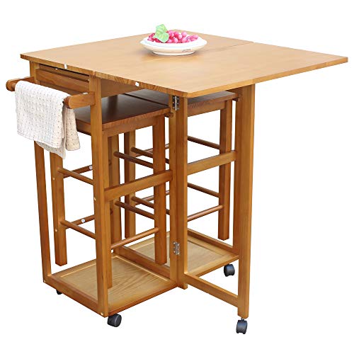 FCH Kitchen Island Trolley Cart with 2 Square Stools and 2 Drawers Solid Wood Drop Leaf Table Easy Put Together - Thumbnail 2