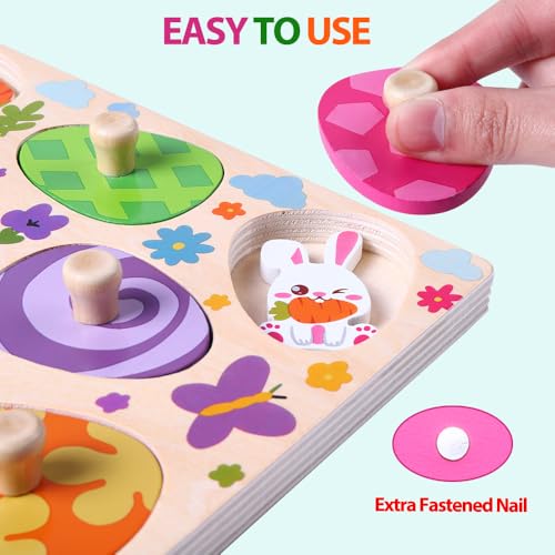 DIYDEC Easter Wooden Pegged Puzzles 8pcs Bunny Matching Egg Puzzles Easter Montessori Toys for Toddlers Kids Easter Puzzles Toys for Easter Basket Stuffers Party Favors Classroom Prizes Gifts
