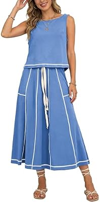 HOWARLOOK Women's 2‑Piece Skirt Set – Sleeveless Top & Drawstring Midi Skirt in Blue (Size L)