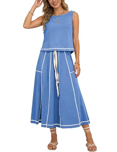 HOWARLOOK Women's 2‑Piece Skirt Set – Sleeveless Top & Drawstring Midi Skirt in Blue (Size L)